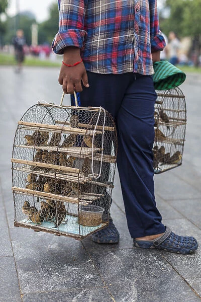 Cambodia, Phnom Penh, vendor with wishing birds, buy a bird, make a wish and set him free