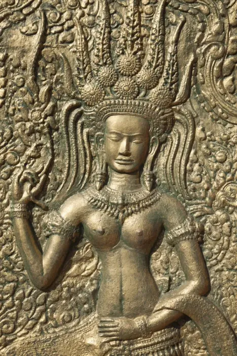 Framed Print : Cambodia, Phnom Penh, Wat Phnom, Wall Relief depicting Apsara Dancer