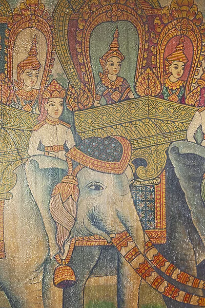 Cambodia, Phnom Penh, Wat Phnom, Wall Mural depicting Life of Buddha
