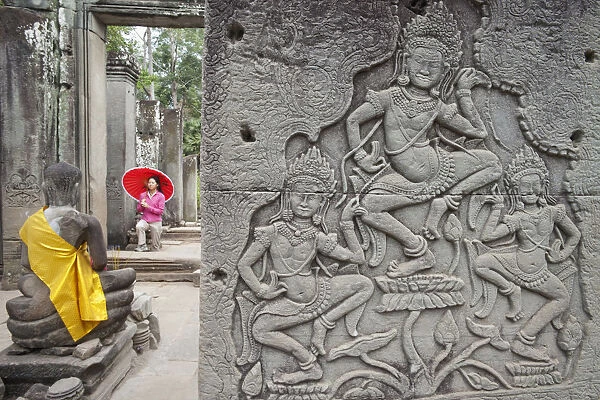Cambodia, Siem Reap, Angkor Thom, Bayon Temple, Relief depicting Apsara Dancers