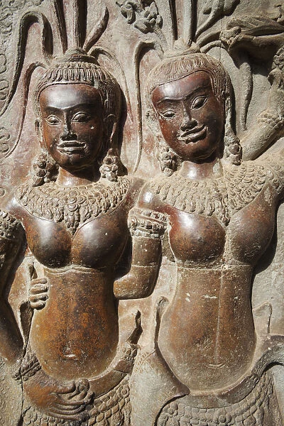 Cambodia, Siem Reap, Angkor Wat Temple, Carving Reliefs depicting Apsara Dancers