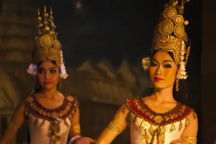 Framed Print : Cambodia, Siem Reap Province, Siem Reap. Traditional Apsara dancers giving an evening Framed Print : Cambodia, Siem Reap Province, Siem Reap. Traditional Apsara dancers giving an evening