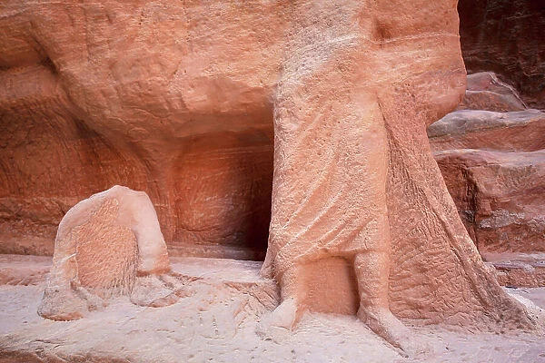 The 'Camel Caravan' relief sculpture carved in the stone of the Petra Siq gorge, Jordan, Middle East. Recognized as a UNESCO World Heritage Site in 1985
