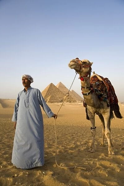A camel driver stands in front of the pyramids at Giza, Egypt
