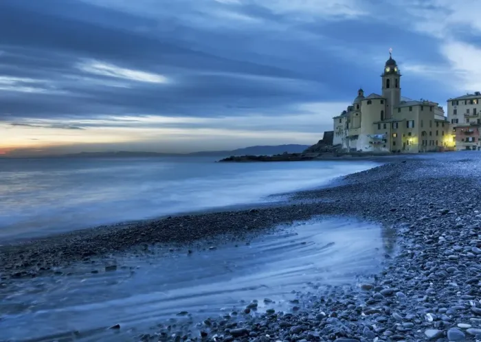 Framed Print : Camogli, Genoa, Ligurian, Italy, Europe. The last lights of the evening over Camogli town