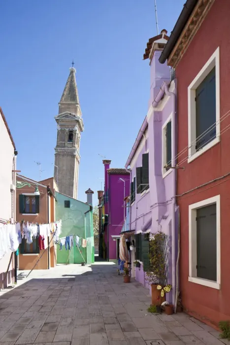 Framed Print : Campanile and colourful houses, Burano, Venice, Italy Framed Print : Campanile and colourful houses, Burano, Venice, Italy