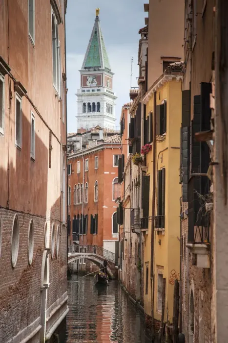 Framed Print : Campanile and gondola on canal in Venice, Italy
