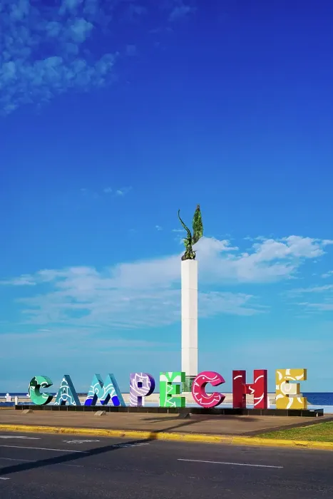 Framed Print : Campeche Letters and The Mayan Angel monument at the Waterfront of Campeche City, Campeche State, Mexico