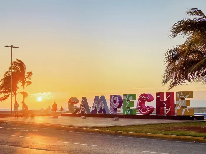 Framed Print : Campeche Letters at sunset, Waterfront of Campeche City, Campeche State, Mexico