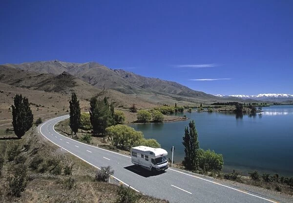 Camper van on road by Lake Wanaka