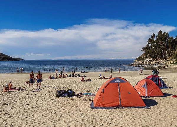 Camping on the Challa Pampa Beach, Island of the Sun, Titicaca Lake, La Paz Department