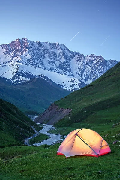 Camping at the head of Enguri gorge in front of Shkhara peak