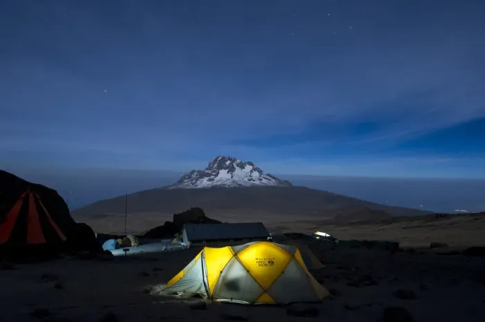 Framed Print : Camping under the full moon, night shot of Mount Kilimanajro with tents Framed Print : Camping under the full moon, night shot of Mount Kilimanajro with tents
