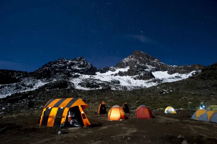 Framed Print : Camping under the full moon, night shot of Mount Kilimanajro with tents Framed Print : Camping under the full moon, night shot of Mount Kilimanajro with tents
