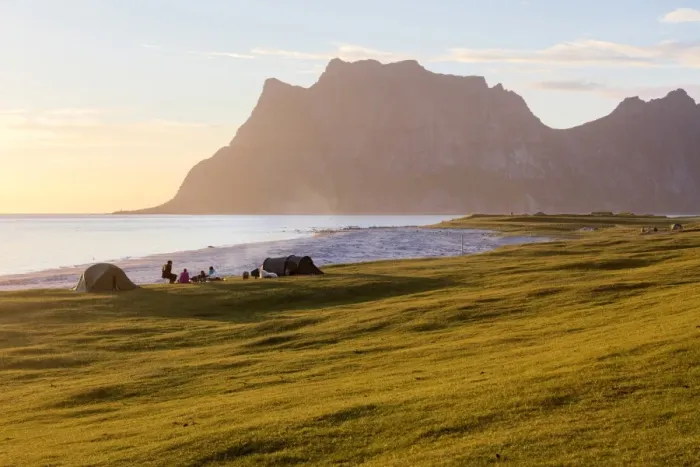 Framed Print : Camping tents on green meadows next to sea lighted up by midnight sun Uttakleiv Lofoten Framed Print : Camping tents on green meadows next to sea lighted up by midnight sun Uttakleiv Lofoten