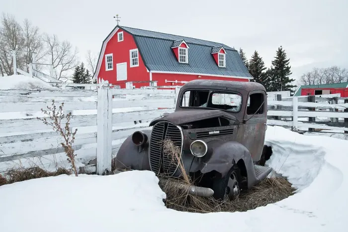 Framed Print : Canada, Alberta, Fort McLeod, Barn and old car Framed Print : Canada, Alberta, Fort McLeod, Barn and old car