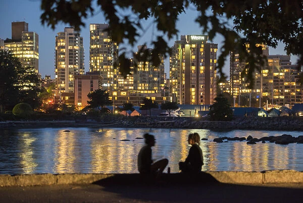 Canada, British Columbia, Vancouver, skyline from Stanley Park at night