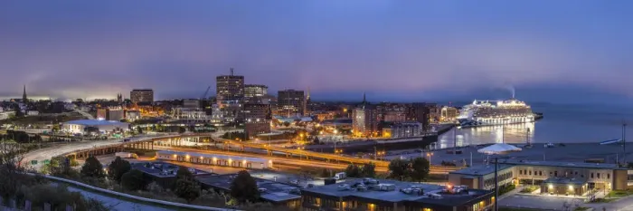 Framed Print : Canada, New Brunswick, Saint John, skyline from Fort Howe in the fog, dawn Framed Print : Canada, New Brunswick, Saint John, skyline from Fort Howe in the fog, dawn