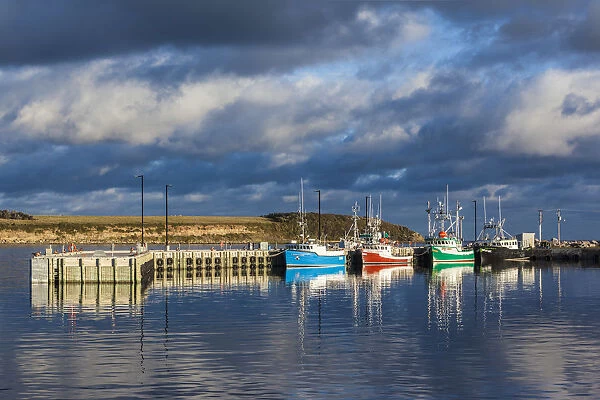 Canada, Nova Scotia, Cabot Trail, Cheticamp, town harbor with fishing boats, dawn