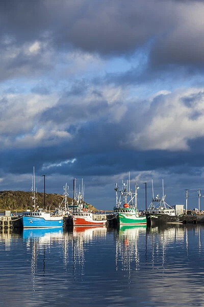 Canada, Nova Scotia, Cabot Trail, Cheticamp, town harbor with fishing boats, dawn