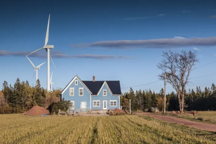 Framed Print : Canada, Prince Edward Island, West Cape, farmhouse and wind turbines