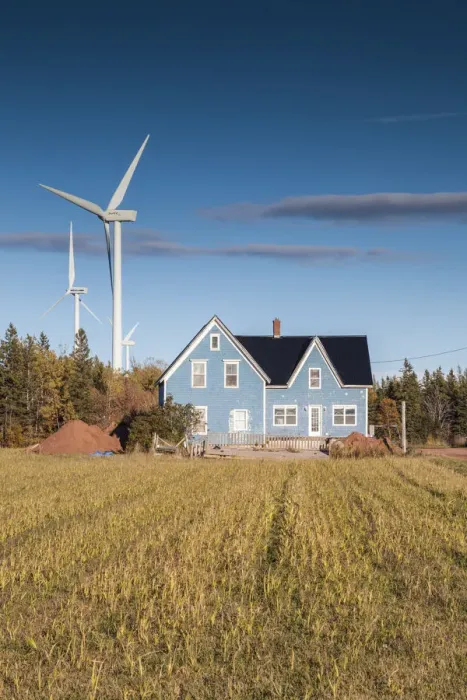 Framed Print : Canada, Prince Edward Island, West Cape, farmhouse and wind turbines Framed Print : Canada, Prince Edward Island, West Cape, farmhouse and wind turbines