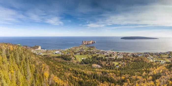 Framed Print : Canada, Quebec, Gaspe Peninsula, Perce, elevated view of town and Perce Rock Framed Print : Canada, Quebec, Gaspe Peninsula, Perce, elevated view of town and Perce Rock