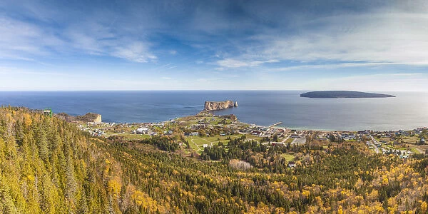 Canada, Quebec, Gaspe Peninsula, Perce, elevated view of town and Perce Rock