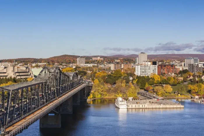 Framed Print : Canada, Quebec, Hull-Gatineau, elevated city view above Alexandria Bridge from Ottawa