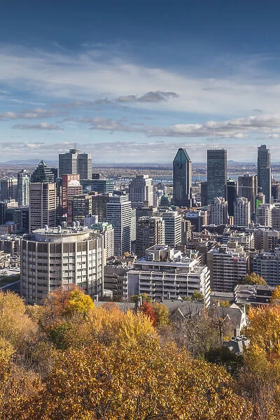 Canada, Quebec, Montreal, elevated city skyline from Mount Royal, autumn