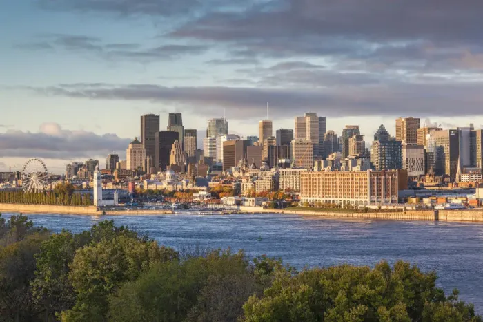 Framed Print : Canada, Quebec, Montreal, elevated city skyline from the St. Lawrence River, dawn Framed Print : Canada, Quebec, Montreal, elevated city skyline from the St. Lawrence River, dawn