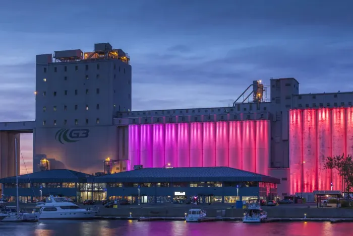 Framed Print : Canada, Quebec, Quebec City, Bassin Louise, grain silos lit at dusk