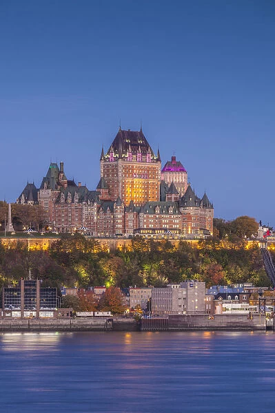 Canada, Quebec, Quebec City, elevated skyline with Chateau Frontenac Hotel from Levis