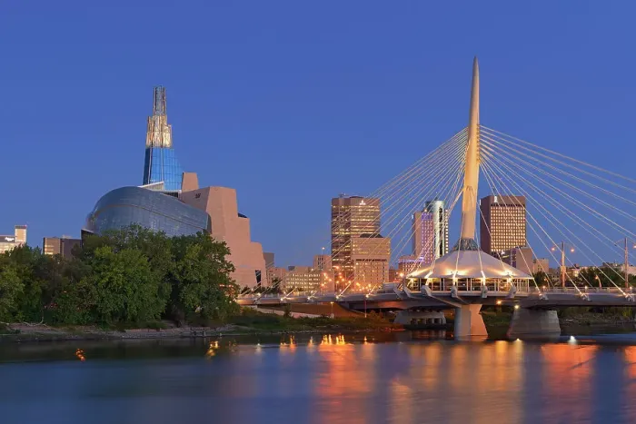 Framed Print : Canadian Museum for Human Rights (CMHR) and the Esplanade Riel Bridge and the Red River at dawn, Winnipeg, Manitoba, Canada Framed Print : Canadian Museum for Human Rights (CMHR) and the Esplanade Riel Bridge and the Red River at dawn, Winnipeg, Manitoba, Canada