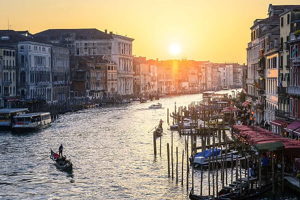 Canal grande at sunset near Rialto Bridge, Venice, Veneto, Italy