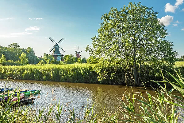 Canal with the twin mills, Greetsiel, East Frisia, Lower Saxony, Germany