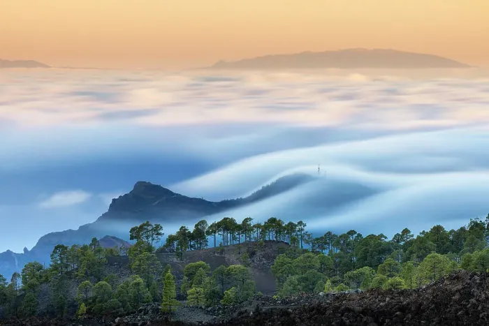 Framed Print : Canary Island Pine Forest with clouds moving over the Atlantic during a long exposure, Teide National Park, Tenerife, Canary Islands