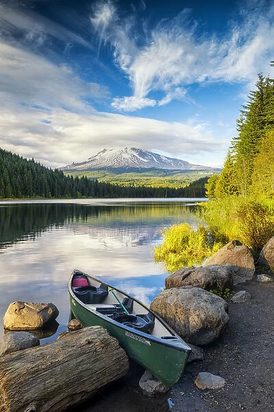 Canoe on Trillium Lake with Mt. Hood, Oregon, USA