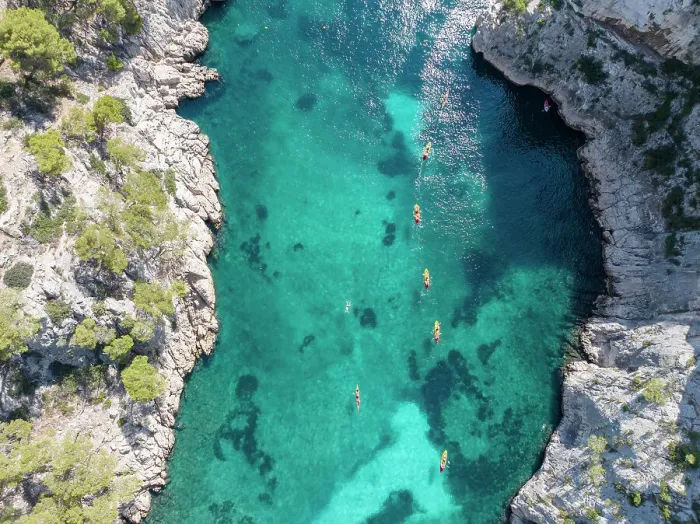 Framed Print : Canoeing in the Calanque d'en Vau, Bouches-du-Rhone, Provence-Alpes-Cote d'Azur, France