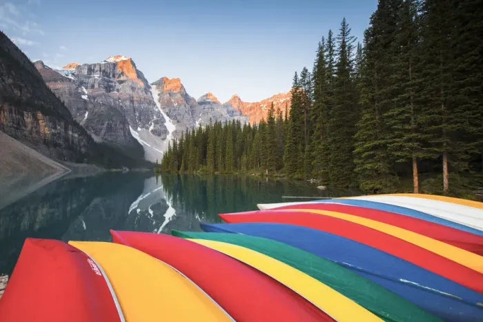 Framed Print : Canoes on Moraine Lake, Banff National Park, Alberta, Canada