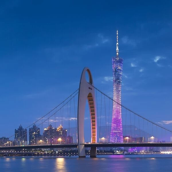 Canton Tower and Liede Bridge at dusk, Guangzhou, Guangdong, China