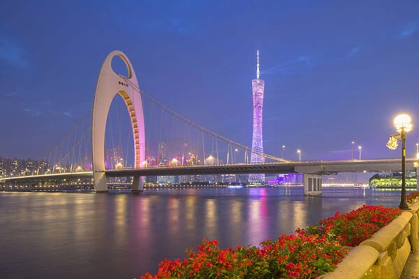 Canton Tower and Liede Bridge at dusk, Guangzhou, Guangdong, China