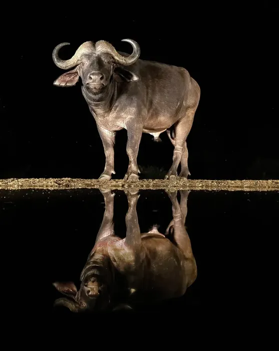Framed Print : Cape Buffalo reflected in floodlit watering hole, Zimanga Private Game Reserve, Natal, South Africa Framed Print : Cape Buffalo reflected in floodlit watering hole, Zimanga Private Game Reserve, Natal, South Africa