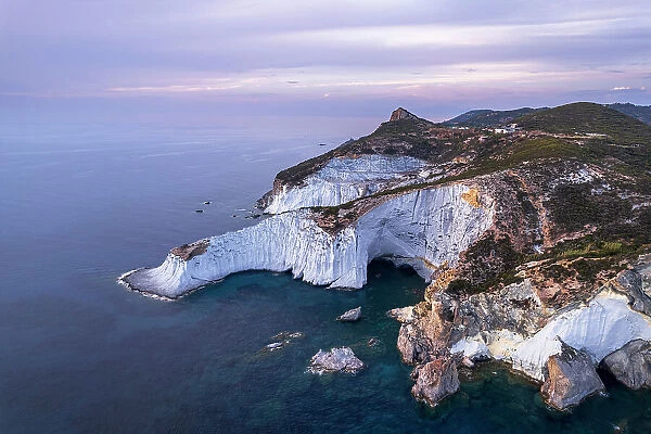 Capo Bianco promontory, the white chalk cliff on the west side of the island of Ponza, drone picture, Ponza island, Pontine islands, Tyrrhenian Sea, Latina province, Latium, Italy