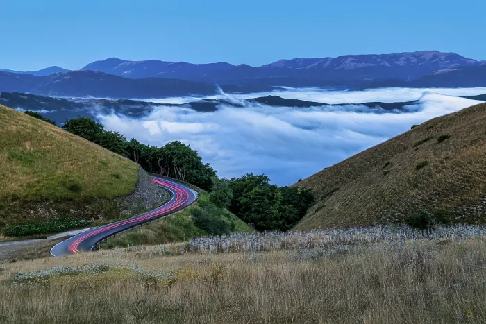 Framed Print : Car Light Trails above Low Clouds, Apennine Mountains, near Norcia, Umbria, Italy, Europe Framed Print : Car Light Trails above Low Clouds, Apennine Mountains, near Norcia, Umbria, Italy, Europe