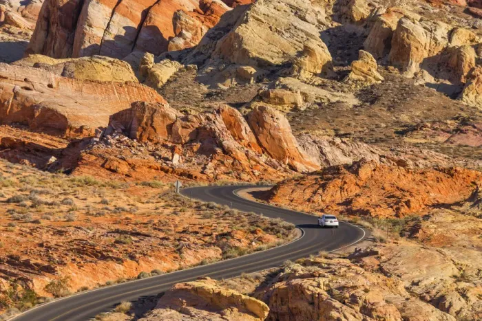 Framed Print : Car on S-Bend Road, Valley of Fire State Park, Nevada, USA Framed Print : Car on S-Bend Road, Valley of Fire State Park, Nevada, USA