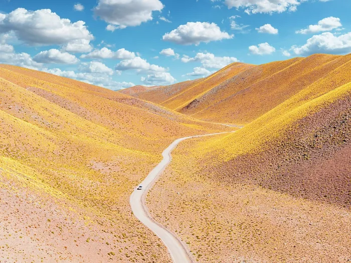 Framed Print : Car traveling through yellow slopes, Vega de los Colorados, Puna, Catamarca, Argentina Framed Print : Car traveling through yellow slopes, Vega de los Colorados, Puna, Catamarca, Argentina