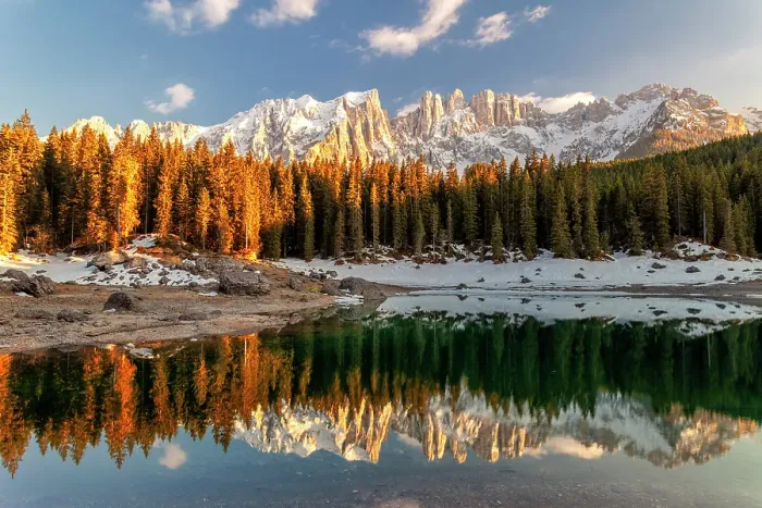 Framed Print : Carezza lake with fir forests and the Latemar ridge in the background - Dolomites, South Tyrol, Bolzano province, Trentino Alto Adige, Italy