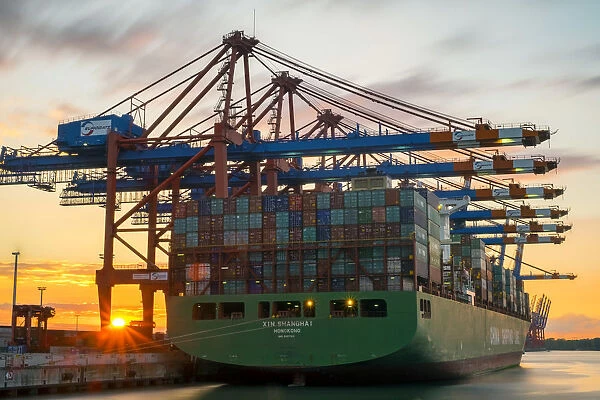 Cargo ship Xin Shanghai being loaded at Eurokai in Hamburg Harbor at sunset, Waltershofer