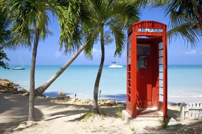 Framed Print : Caribbean, Antigua, Dickenson Bay, English red telephone box Framed Print : Caribbean, Antigua, Dickenson Bay, English red telephone box